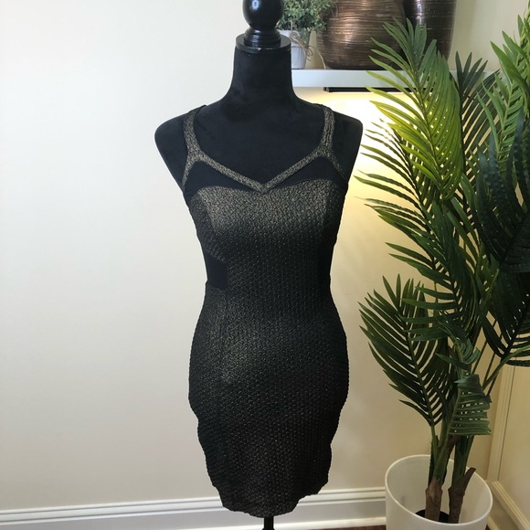 Express Gold/Black Mesh Cutout Bodycon Mini Dress Small - Picture 2 of 7